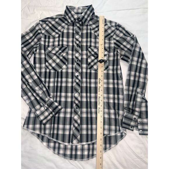 Wrangler Western Shirt Mens Size S Black White Plaid Snap Buttons Retro Cowboy - Picture 3 of 11